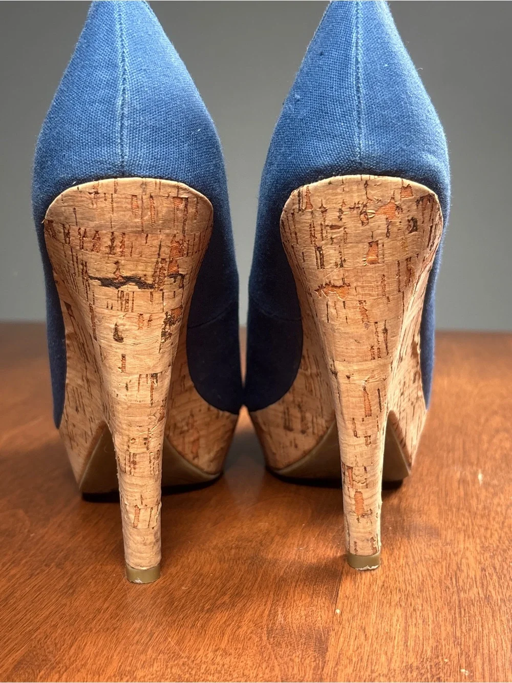 BAMBOO Blue Canvas Cork Platform Peep-Toe Wedges